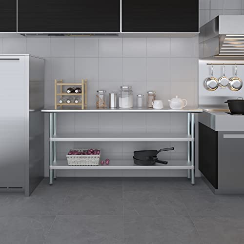 Stainless Steel Work Table with 2 Shelves | Metal Utility Table | Commercial & Residential NSF Utility (Stainless Steel Table with 2 Shelves, 72" Long x 14" Deep) - size: 72" Long x 14" Deep