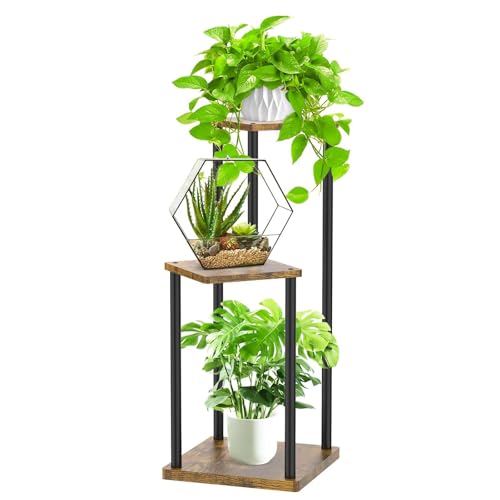 Plant Stand Indoor, Oppro 3 Tier Corner Metal Wood Flower Pot Holder Shelf | Multiple Display Rack Square Table for Living Room Bedroom Orchid Outdoor Balcony Garden Patio, Modern Black & Rustic Brown - color: Black-3 Tier