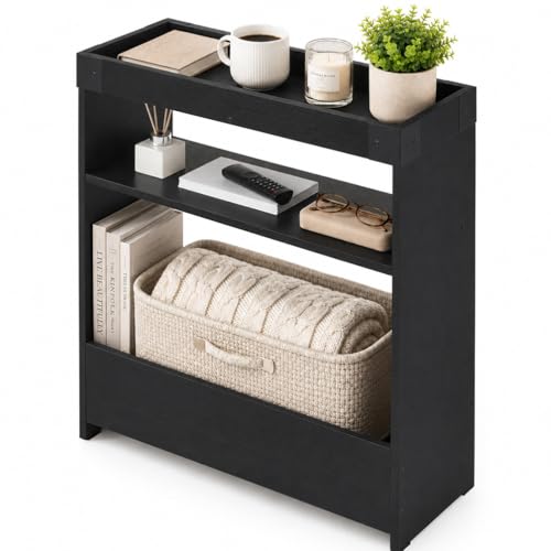 Farmhouse Narrow Side Table with Tray Top & Magazine Rack, 24" H Sofa Couch Side Table with Storage Shelf, Slim End Table for Small Spaces, Modern Nightstand for Bedroom, Living Room (Black) - color: Black