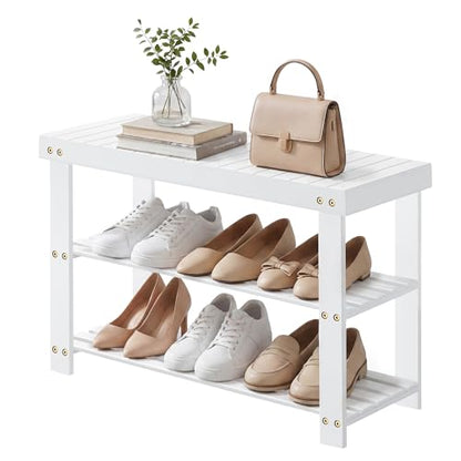 SONGMICS HOME 3-Tier Bamboo Shoe Bench, Shoe Rack, for Entryway Bathroom Bedroom, 11.5 x 27.8 x 18 Inches, White - color: White