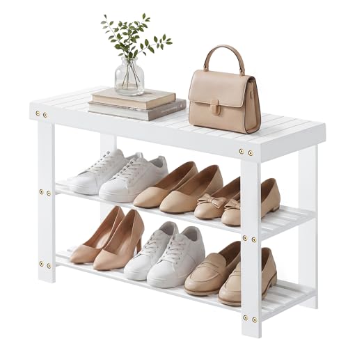 SONGMICS HOME 3-Tier Bamboo Shoe Bench, Shoe Rack, for Entryway Bathroom Bedroom, 11.5 x 27.8 x 18 Inches, White - color: White