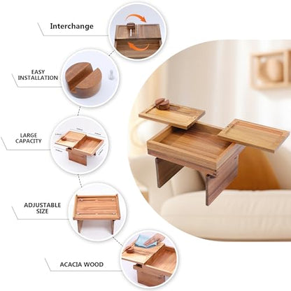 Acacia Wood Couch Arm Tray, 13.4 x 10.3 x 9.5 inches | Sofa Armrest Table, 2 Rotating Trays, 1 Storage Box, 360° Rotating Phone Holder, 4-in-1 TV Tray Table