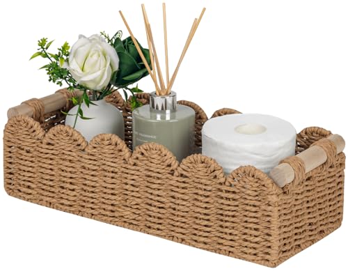 CubesLand Scalloped Toilet Paper Storage Basket W/Handle for Home Decor | Paper Rope Toilet Organizer Basket for Countertop, Over Toilet Shelf, End Table, Living Room, Bedroom Decor & More, Neutral - color: Neutral, size: m - 14 X 6.3 X 3.9in
