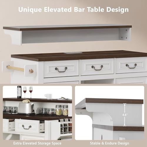 Merax 53.2" Two-Tier Kitchen Island with Storage, Farmhouse Kitchen Island with Power Outlet, 4 Door Shelves, Adjustable Shelves, 3 Drawers, Rolling Island Table, Bar Cabinet for Kitchen, Rustic White - color: Rustic White