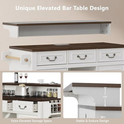 Merax 53.2" Two-Tier Kitchen Island with Storage, Farmhouse Kitchen Island with Power Outlet, 4 Door Shelves, Adjustable Shelves, 3 Drawers, Rolling Island Table, Bar Cabinet for Kitchen, Rustic White - color: Rustic White
