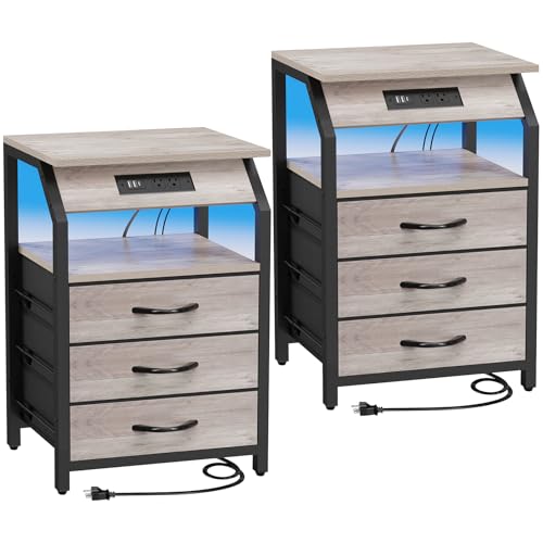 SZLHANJZ End Tables Set of 2, LED & Charging Station, 3 Fabric Drawers | Nightstands with 3 Large Fabric Drawers Bedside Table, Storage Side Tables for Bedside, Living Room, Greige - color: Greige, size: 3 Drawers - Set of 2