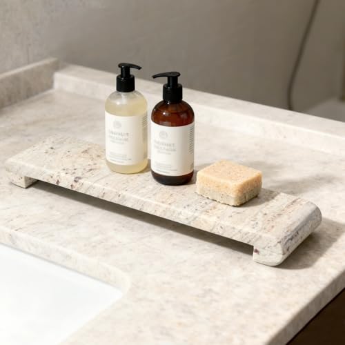 Marble Tray Pedestal Stand, 16"x4" Marble Vanity Tray with Feet for Bathroom Counter, Rectangular Marble Riser for Kitchen Sink, Soap Dispenser Perfume Jewelry Stone Organizer (River White) - color: River White
