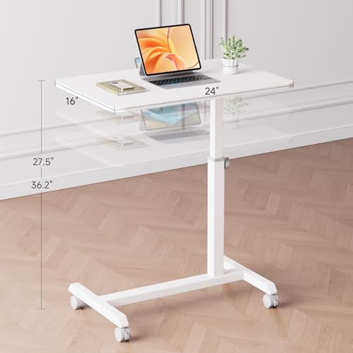 GTPLAYER Small Standing Desk, 24 Inches Mobile Rolling Laptop PC Table with Lockable Casters, Adjustable Height Overbed Bedside Table Computer Workstation for Home Office, White-Fixed - color: White-fixed