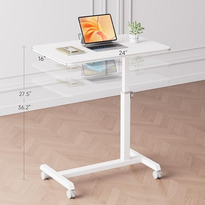 GTPLAYER Small Standing Desk, 24 Inches Mobile Rolling Laptop PC Table with Lockable Casters, Adjustable Height Overbed Bedside Table Computer Workstation for Home Office, White-Fixed - color: White-fixed