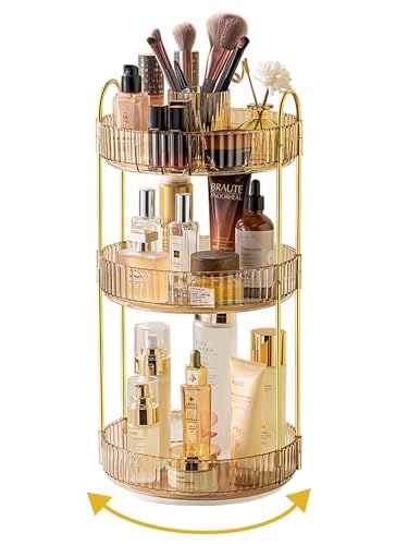 Asayuee 360 Rotating Makeup Organizer,3 Tier Large Capacity Make Up Organizers and Storage,Skincare Perfume Vanity Organizers,Bathroom Cosmetics Storage Organizer Countertop(Gold) - color: Gold, size: New-3 Tier