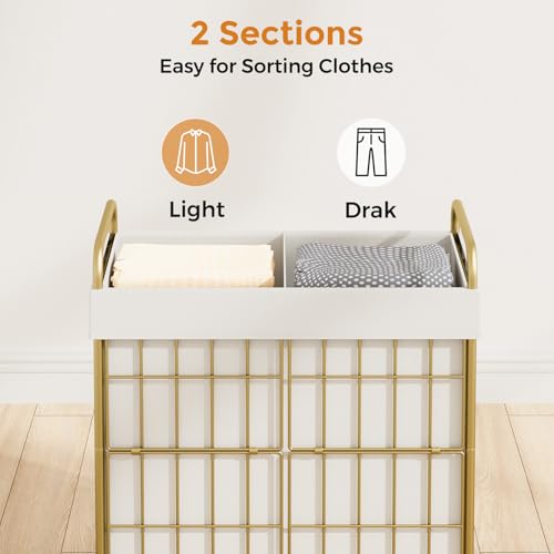 100L 2-Section Laundry Hamper with Wheels, Laundry Basket with Liner Bag | Lockable Casters; Divided Removable Liner; Reinforced Steel Frame; Metal Handle - color: Golden+White, size: 100L-2 Sections