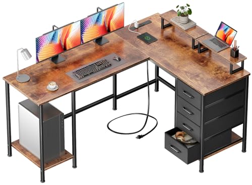 Korfile 59 inch L Shaped Computer Desk with Power Outlets, Rustic Brown | Ideal for Home Office, Bedroom, Corner, 4 Adjustable Storage Drawers, 2 Monitor Stands, Reversible, Two Person Gaming Table - color: Rustic Brown, size: 59 Inch