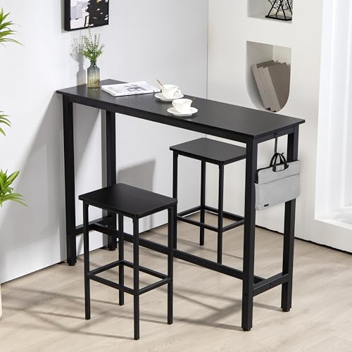 Finnhomy 52.7" Industrial Bar Table Set with 2 Stools - Counter Height Dining & Pub Table for Small Spaces, Kitchen, Apartment, Breakfast Nook - Metal & Wood, Space-Saving Furniture - Rustic Black - color: Rustic Black, size: 52.7" Bar Table