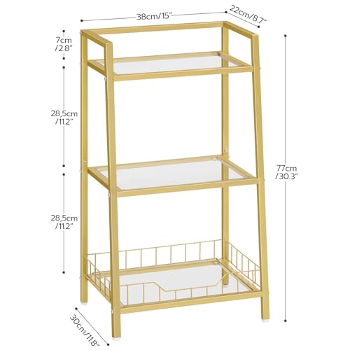 HOOBRO Gold Glass Shelf Stand, 3 Tier Standing Shelf Unit, Bathroom Organizer and Storage, Floor Storage Shelves Waterproof, for Bathroom, Laundry, Toilet, Tempered Glass, Gold GD77CJ01 - size: 15" L x 11.8" W x 30.3" H
