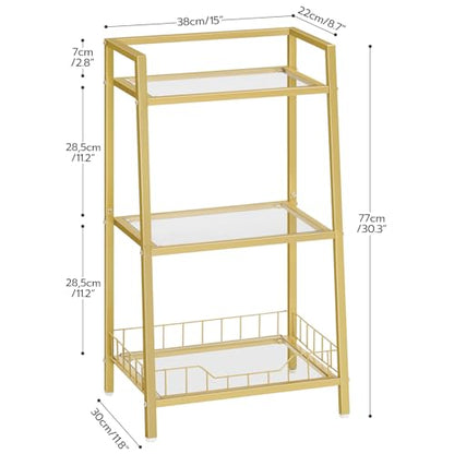 HOOBRO Gold Glass Shelf Stand, 3 Tier Standing Shelf Unit, Bathroom Organizer and Storage, Floor Storage Shelves Waterproof, for Bathroom, Laundry, Toilet, Tempered Glass, Gold GD77CJ01 - size: 15" L x 11.8" W x 30.3" H
