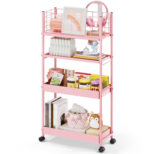 KINGRACK Slim Rolling Storage Cart 4 Tier - Heavy Duty Metal Utility Cart with Raised Edge & Wheels, Narrow Mobile Organizer Shelves for Bathroom, Kitchen, Laundry, Office, Living Room, Pink - color: Pink, size: 4-Tier