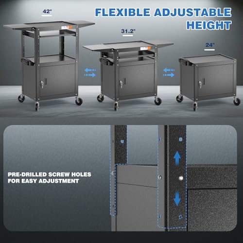 POCHAR Steel AV Cart with Locking Cabinet & Drop Leaves - Adjustable Height Media Carts with Wheels, Pullout Tray, Power Strip - Mobile Workstation Computer Cart for Office Classroom Shop Warehouse - style: Locking Cabinet with Drop Leaves (AVMTK)