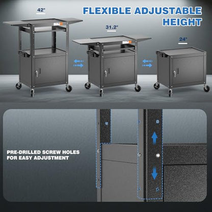 POCHAR Steel AV Cart with Locking Cabinet & Drop Leaves - Adjustable Height Media Carts with Wheels, Pullout Tray, Power Strip - Mobile Workstation Computer Cart for Office Classroom Shop Warehouse - style: Locking Cabinet with Drop Leaves (AVMTK)