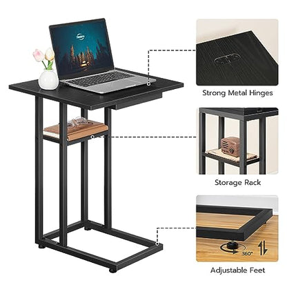 HOOBRO Foldable C Shaped End Table, C Shaped Side Table with Storage Shelf, Small Snack Table, Slide Under Couch Table for Sofa, Living Room Bedroom Small Spaces Easy Assembly, Black BK29SF01 - color: Black