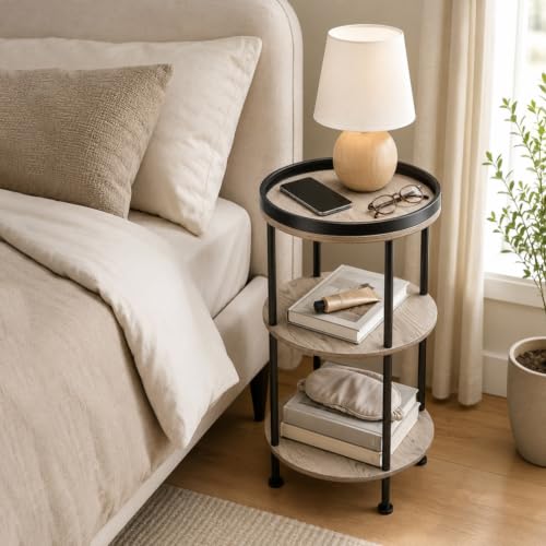 Small Round Side Table, Oak Round End Table for Living Room & Bedroom, Modern 3-Tier Nightstand with Storage Shelf, 11.8" Narrow Accent Table for Small Spaces, Nursery, Plant Stand,Natural Wood Finish - color: Oak, style: Classic