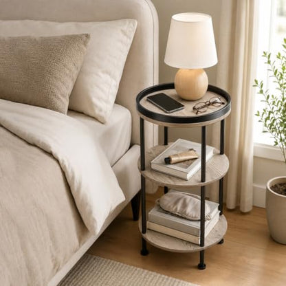 Small Round Side Table, Oak Round End Table for Living Room & Bedroom, Modern 3-Tier Nightstand with Storage Shelf, 11.8" Narrow Accent Table for Small Spaces, Nursery, Plant Stand,Natural Wood Finish - color: Oak, style: Classic