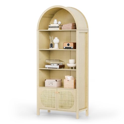 VINGLI 70" Arched Display Cabinet with 5 Shelves, Rattan Storage Cabinet 5 Tier Arched Bookshelf, Wood Tall Bookcases, Sturdy, Stylish for Living Room Bedroom Dining Room Office Study Room, Oak - color: White Oak