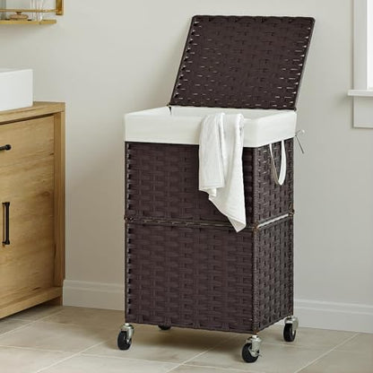 Chrislley 90L Slim Laundry Hamper with Wheels, Rolling Laundry Basket with Lid and Renovable Liner Bag, Handwoven Rattan Organizer for bedroom, bathroom, laundry room (Brown) - color: Brown