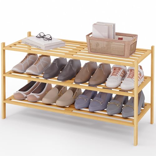 Smiry Long Bamboo Shoe Rack, 3 Tier Free Standing Wooden Shoe Organizer, Stackable Wood Shoe Storage Shelf for Closet, Entryway, 5 Horizontal Slats, 33.9"x11"x18.3", Natural - color: Natural, size: 3 Tier - 33.9" Wide