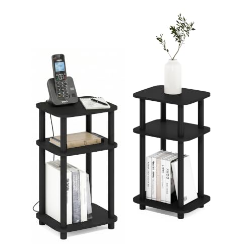 Furinno JUST 3-Tier Telephone Table Set of 2, Turn-N-Tube Toolless Side Table with Open Shelf, Round Curve Corner Night Stand, Bedside Table, for Living Room, Bedroom, Americano - color: Americano/Black, size: 2-Pack, Plastic Frame, 3-Tier
