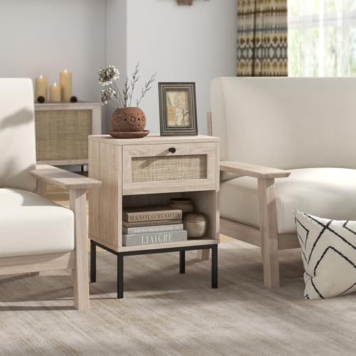 Giantex Rattan Nightstand with Drawer, Boho Side Table with 4 Metal Legs and Open Storage Shelf, Farmhouse Wood Night Stand for Small Spaces, 2 Tier Bedside Table for Bedroom Office, Oak - color: Oak