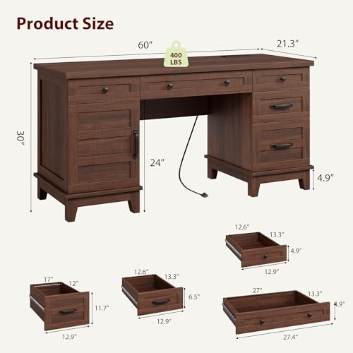 Garvee 60" Wooden Home Office Desk with File Drawers, Executive Desk with Adjustable Cabinet, Farmhouse Wood Desk with Power Outlet, Distressed Study and Work Table, Rustic Brown - color: Rustic Brown, size: 60" W