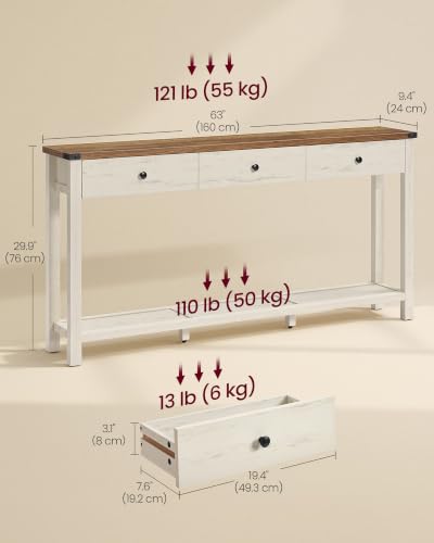 VASAGLE LIRY Collection Narrow Console Table with 3 Drawers | Long Sofa Table with Storage Shelf, Honey Brown and Rustic White, 9.4 x 63 x 29.9 Inch, ULNT148W101 - color: Honey Brown + Rustic White, size: 9.4"D x 63"W x 29.9"H