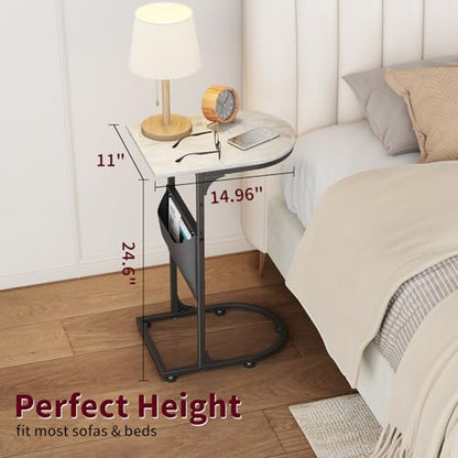 C Shaped End Table, Slide Under Small Side Table for Couch & Small Spaces | Wobble-Free C Table For Sofa, Greige, Storage Bag, Sturdy Metal Frame, Wood Top, Living Room & Bedroom, 15-Min Quick Assembly - color: Classic Greige