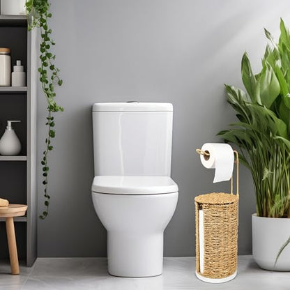 Freestanding Wicker Toilet Paper Holder with Lid, 3 Rolls of Toilet Tissue Storage, Rattan Handmade Woven Toilet Paper Roll Holder Stand, Decorative Boho Bathroom Farmhouse Toilet Paper Holder