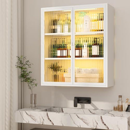 3-Tier Bathroom Wall Cabinet with 2 LED Light | Metal Medicine Cabinet with Glass Doors, Laundry Room Cabinets Storage, Black Over Toilet Modern Storage Cabinet for Bathroom - style: Full Glass Door White