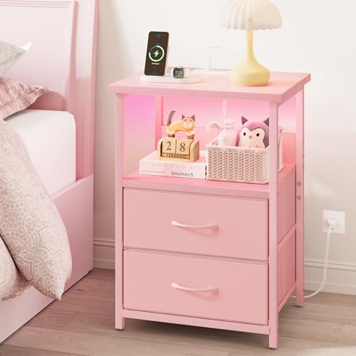 Fixwal Night Stand with Charging Station, LED Nightstand with U-S-B Ports and Outlets, 2 Fabric Storage Drawers with PU Finish, Small Bedside Table, Pink - color: Pink, size: 23.6"H (2 drawers), style: Power+Light (1pc)