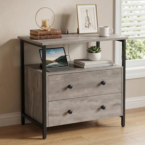 Edbuosy 27 inch Wide Night Stand with Charging Station, Bedside Table with Open Shelf, 2 Drawers Small Wood Dresser, Modern Wood Nightstand for Bedroom/Living Room, Rustic Gray - color: Rustic Gray, size: 27"W-2 Drawers