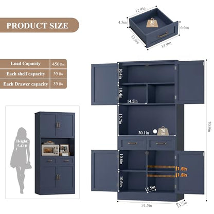 HOSTACK 71" Tall Kitchen Pantry Storage Cabinet, Wood Kitchen Hutch, Blue | Modern Pantry Cabinet with Microwave Stand, Hutch Cabinet with Countertop & Drawers, Storage Cabinet for Living Room - color: Blue + Bronze Handles