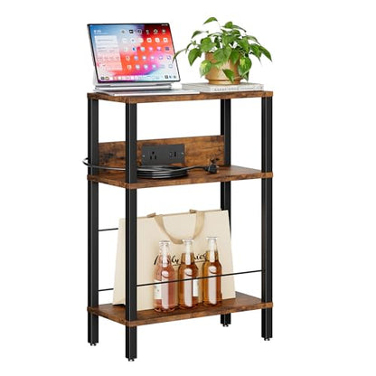 DGSANDGO Narrow Side Table (Rustic Brown) - Nightstand with Charging Station (2 USB + 1 AC Outlet), 3-Tier End Table for Balcony/Kid's Room/Bedroom - color: Rustic Brown, size: Drawer Wide-24.4"H 1 PC