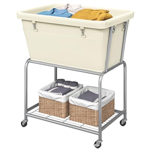 Rolling Laundry Hamper with Wheels, Removable Bag, Laundry Cart, Cream | 32-Gallon (122L), 2-Tier Clothes Basket with Shelf, Ideal for Closet, Bedroom, Bathroom & Laundry Room - color: Cream, size: 27.4"L x 19.9"W x 30.9"H