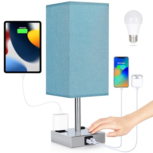 Bedside Lamp with USB Ports - Touch Control Table Lamp for Bedroom with USB C+A Charging Ports & AC Outlets, 3 Way Dimmable Nightstand Light with Flaxen Shade for Living Room (LED Bulb Included, Blue) - color: Chrome - Blue