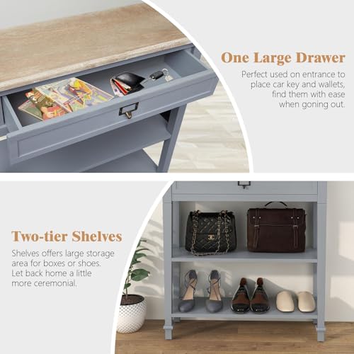 Kinpaw Narrow Console Table with Storage- Bluish Grey Entryway Table, Small Sofa Table with Drawer & Storage Shelf for Hallway, Entryway, Foyer, Behind Couch, Living Room Furniture,Wood - color: Grey-2 Shelves
