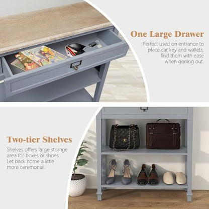 Kinpaw Narrow Console Table with Storage- Bluish Grey Entryway Table, Small Sofa Table with Drawer & Storage Shelf for Hallway, Entryway, Foyer, Behind Couch, Living Room Furniture,Wood - color: Grey-2 Shelves
