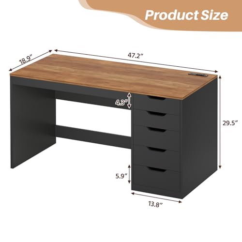 YOMILUVE 47 Inch Computer Desk with 5 Drawers and Power Outlets, Home Office Desks with Storage File Cabinet, Modern Simple Laptop Desk Writing Table for Small Spaces, Brown and Black - color: Brown and Black