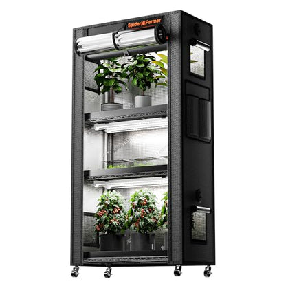 Spider Farmer 4 Tier Plant Stand with Grow Lights Indoor Greenhouse Shelf | 120W Full Spectrum LED Grow Lights, Grow Tent Cover with Visual Curtain and Blackout Curtain, Waterproof Trays, Movable Wheel - size: M-28x14x59in