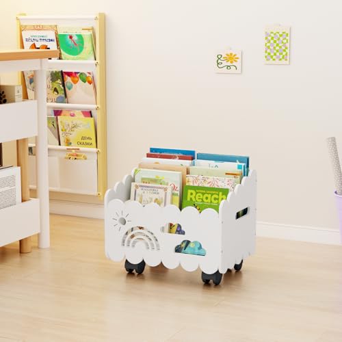 Wood Kids Bookshelf, Montessori Bookshelf, With 2 Adjustable Dividers, 4 Wheels Suitable Kids Rooms, Nursery & Classroom, Book Shelf For Kids Rooms, Toddler Book Rack, Nursery Book Shelves White - color: White(rolling)
