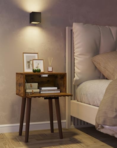 YMYNY Fluted Nightstand Set of 2, Small End Table, Modern Coffee Table with Drawer, Solid Wood Legs, Retaining Chain, 13.8" x 10.6" x 20.9", for Bedroom and Small Spaces, Rustic Brown UHST014H-2 - color: Rustic Brown