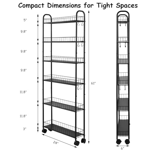 6-Tier Slim Rolling Storage Cart with Wheels, Tall Narrow Storage Shelves for Small Spaces, Metal Utility Cart Mobile Shelving Unit on Wheels for Kitchen, Bathroom, Office - size: 6 in Wide