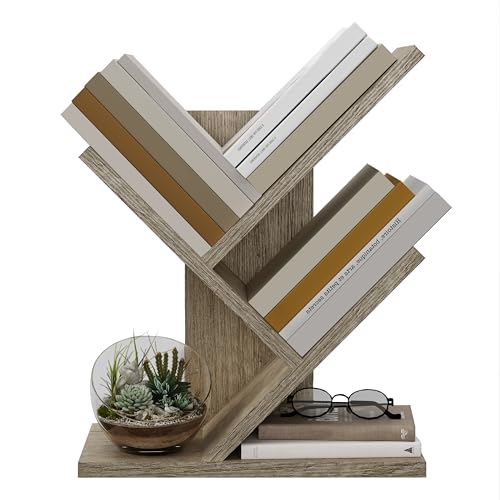 Tajsoon Tree Bookshelf 3-Tier Small Book Organizer, Greige | Mini Bookshelf, Small Bookcase, Modern Book Storage for Books/CDs, Tabletop Bookshelf for Desk, Bedroom, Living Room, Office - color: Greige