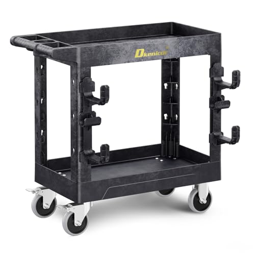 Heavy Duty Plastic Utility Cart 850Lbs, 34" x 17" Rolling Work Cart with Wheels - 2 Tier Service Cart for Warehouse/Garage/Garden - Upgraded 2 Side Tube Hooks, 360° Swivel Lockable Wheels